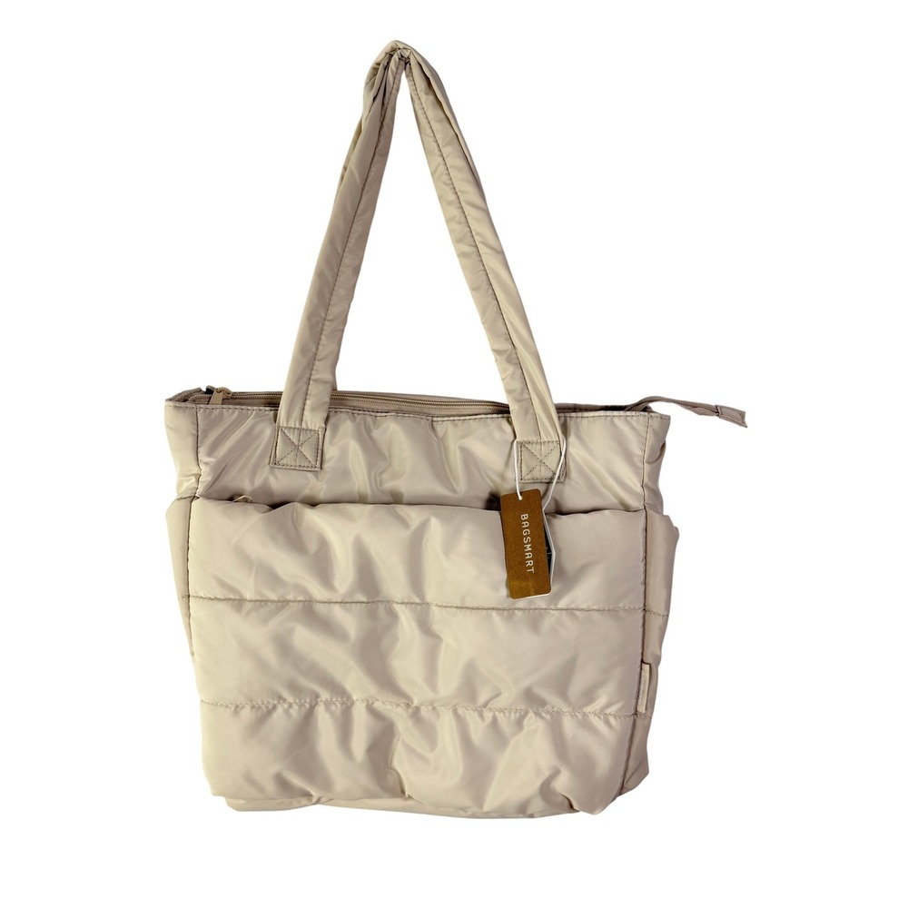 Bagsmart‎ Quilted Puffer Tote Bag Cream Beige Laptop Travel Shoulder Bag NWT